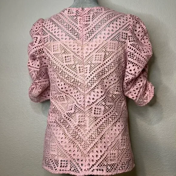 Endless Rose Vintage Pink Lace Top S Small Ruched Puff Sleeve Shirt - Picture 4 of 9